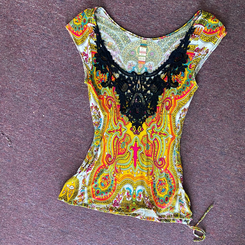 Free People Multi Color short sleeve top with black lace deep v design in front
